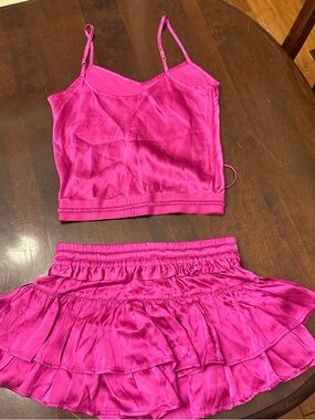 SHUG Women's Pink Satin Camisole & Ruffle Skirt Set
